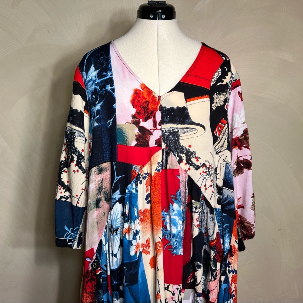 Orientique Womens Floral Hi-Lo Lounge Boho Artsy Pullover Maxi Kaftan Dress|Sz:L - Picture 2 of 16